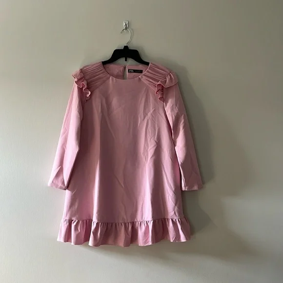 ZARA Bubblegum Pink Ruffle Hem & Shoulders Mini Dress Long Sleeve Sz L - Picture 2 of 16